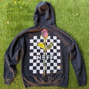 Neff Hoodie Mens Large Black Rose Checkerboard Graphic Streetwear Sweatshirt
